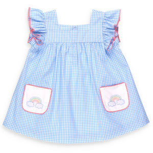 blue checked shirt with rainbow applique pockets