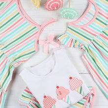 Load image into Gallery viewer, flatlay of striped dresses, ice cream shirt and striped shorts
