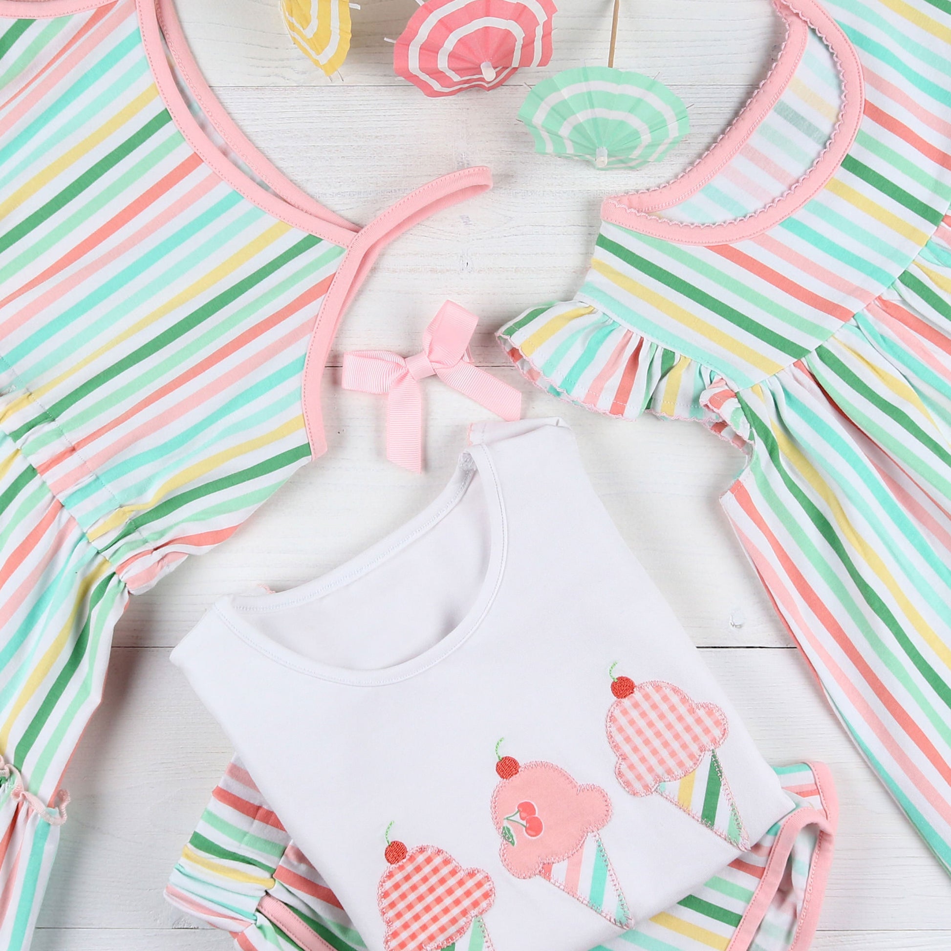 Girls Ice Cream Applique Top, striped shirt and striped dress flatlay
