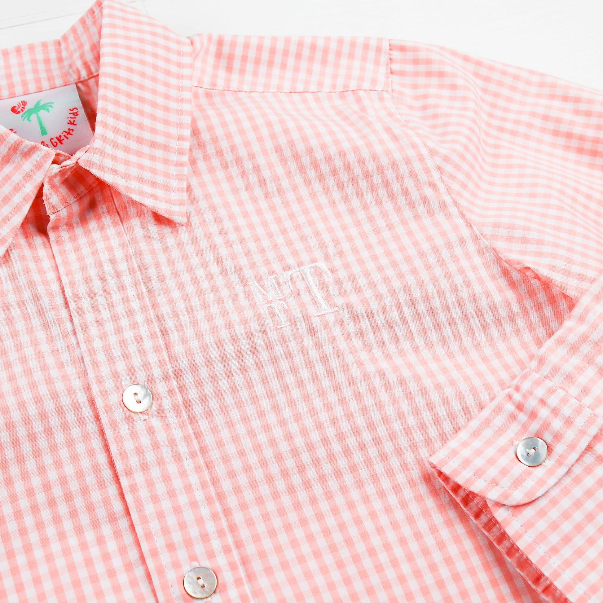 close up of Pink Check Oxford