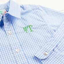 Load image into Gallery viewer, close up of monogram on Sunny Blue Gingham Oxford