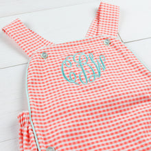 Load image into Gallery viewer, Unisex Picnic Check Romper monogramed in aqua thread