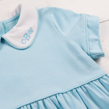 Load image into Gallery viewer, Briggs Blue Knit Romper Bubble with a monogram