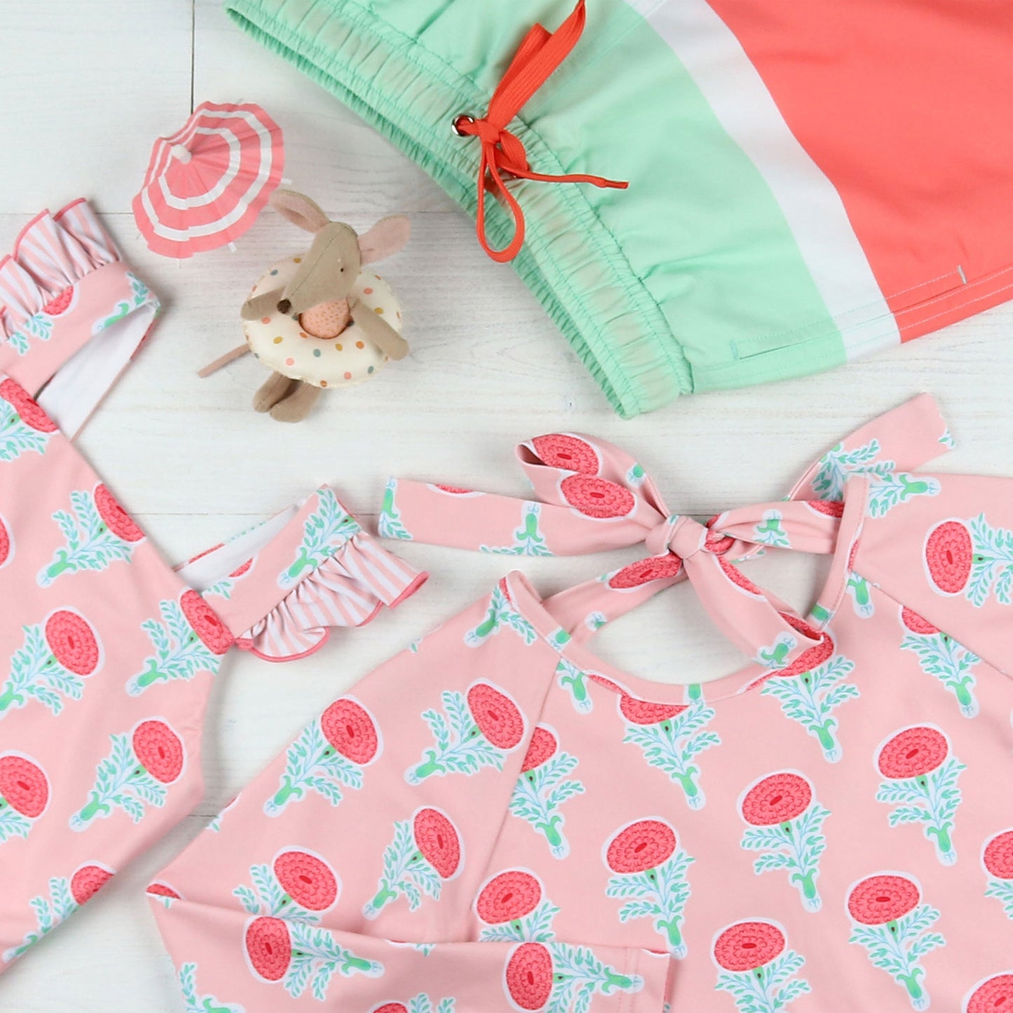 flatlay of childrens swimwear