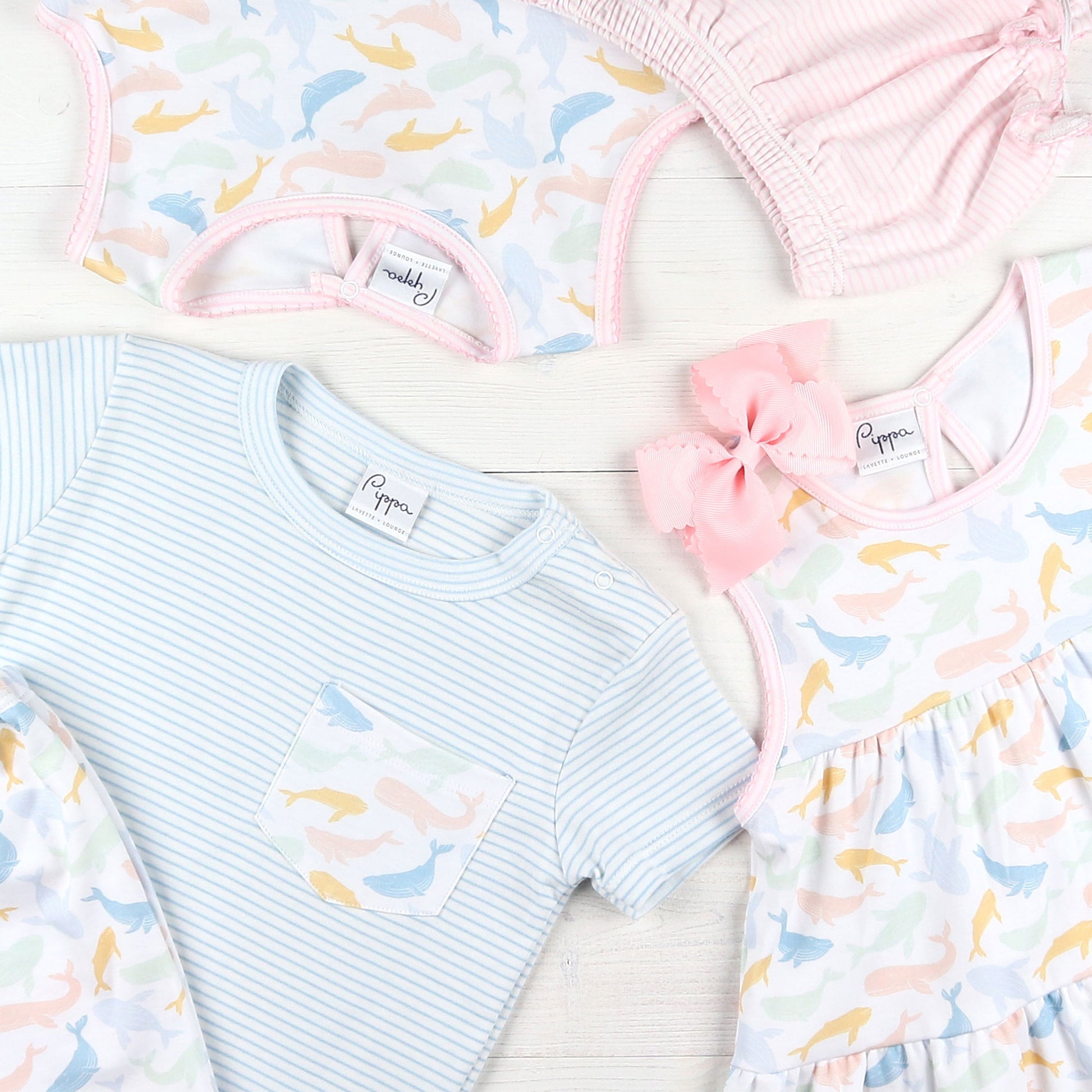 flatlay of pajamas and summer clothing