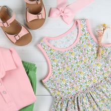 Load image into Gallery viewer, flatlay of Tybee Floral Tier Dress, pink shirt, green shorts, pink sandals