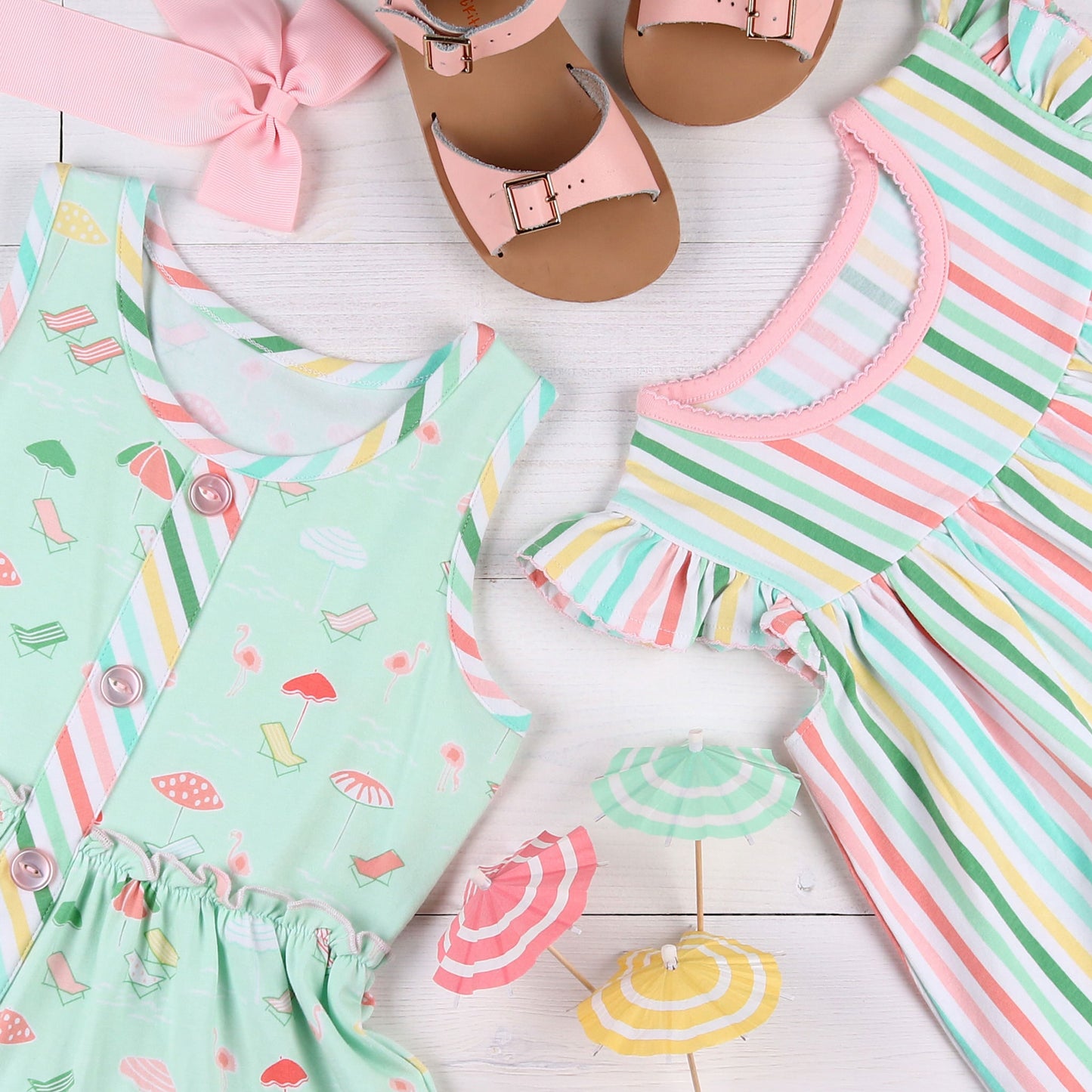flatlay of Beach Club Tier Dress with pink sandals