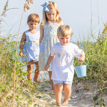 Load image into Gallery viewer, little boy wearing Sunny Blue Gingham Shorts, with his sister and another little boy at teh beach