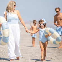 Load image into Gallery viewer, family at the beach with little girl wearing Girls Light Blue Skye Tankini