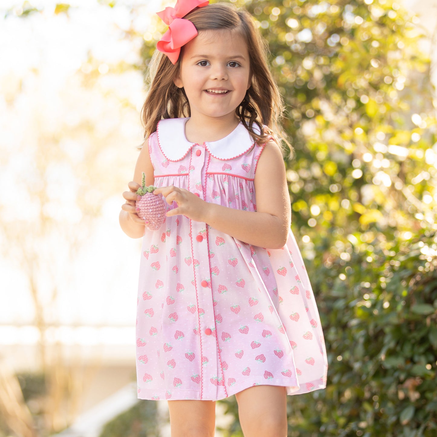 little girl wearing Strawberry Pickin’ Collared Dress 