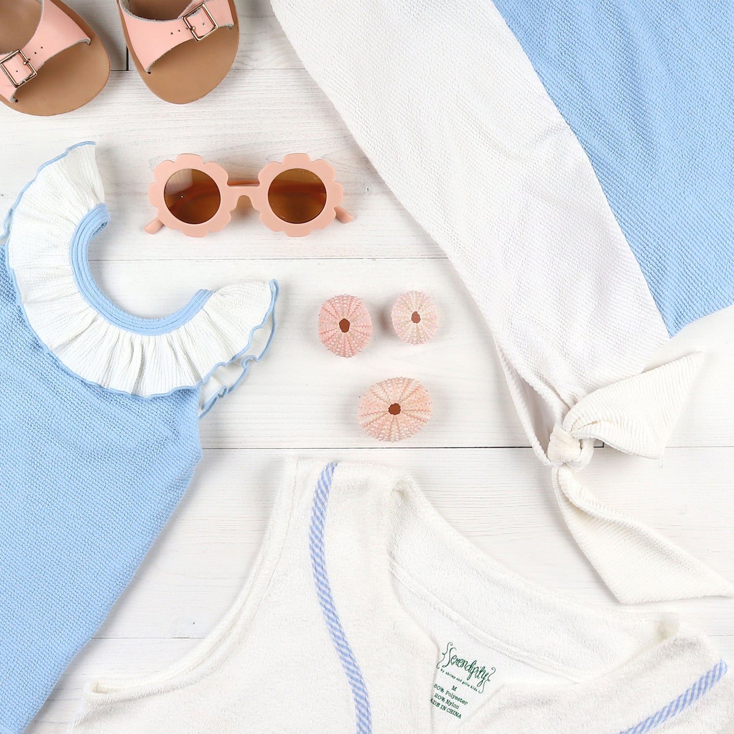 flatlay of Blair Women's Beach Dress, pink sandals and pink sunglasses 